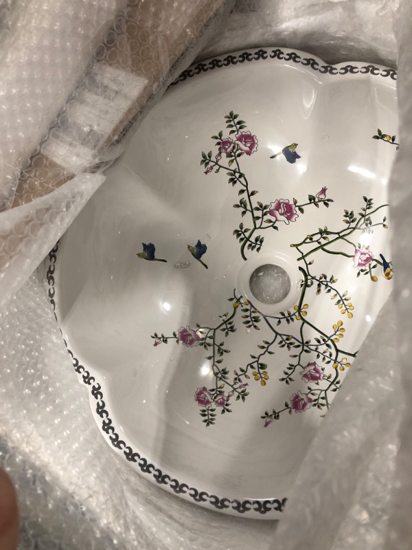 Photo 3 of Ceramic Bathroom Vessel Sink Bowl White Color Art Above Counter Vanity Wash Basin with Flower Shape and Flower Bird Pattern,1Sink Only white flower