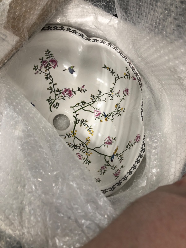 Photo 2 of Ceramic Bathroom Vessel Sink Bowl White Color Art Above Counter Vanity Wash Basin with Flower Shape and Flower Bird Pattern,1Sink Only white flower