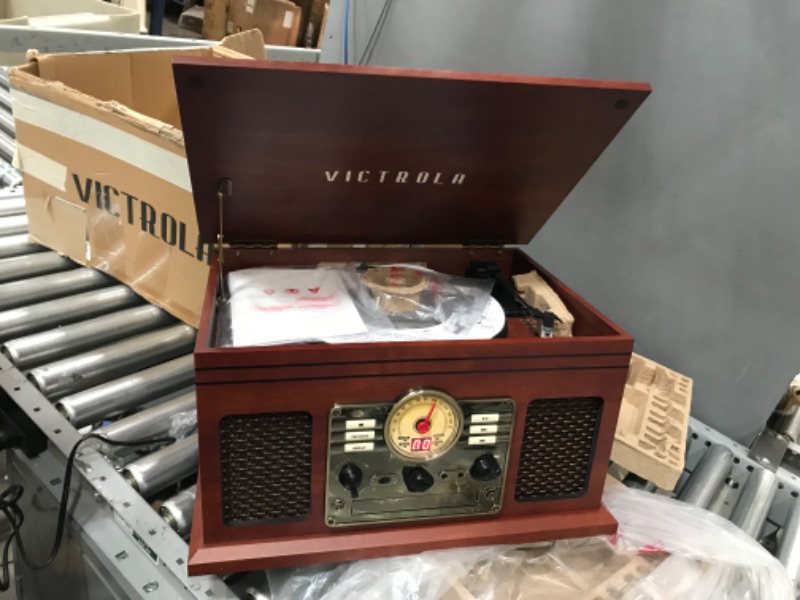 Photo 3 of Victrola Nostalgic 6-in-1 Bluetooth Record Player & Multimedia Center with Built-in Speakers - 3-Speed Turntable, CD & Cassette Player, FM Radio | Wireless Music Streaming | Mahogany Mahogany Entertainment Center