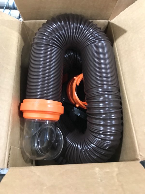 Photo 2 of Camco RhinoFLEX RV Sewer Hose Kit with Swivel Transparent Elbow and 4-in-1 Dump Station Fitting, Brown, 15 Feet (39770) 15ft Sewer Hose Kit Frustration-Free Packaging