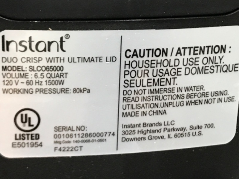 Photo 5 of ***USED***
Instant Pot 6.5 qt. Duo Crisp 13-in-1, Air Fryer, Pressure Cooker &#38; Slow Cooker with One Ultimate Lid