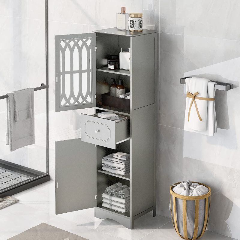 Photo 1 of **PARTS ONLY**
Merax Slim Tall Bathroom Storage Cabinet with Adjustable Shelf, Drawer and 2 Doors, Freestanding Linen Tower, 16.5" L x 14.2''W x 63.8''H, Grey

