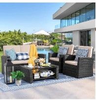 Photo 1 of ***BOX 2 OF 2 MISSING HARDWARE***: Shintenchi 4-Piece Outdoor Patio Furniture Set, Wicker Rattan Sectional Sofa Couch, Black & Brightown Outdoor String Lights-25Ft G40 Globe Patio Lights with 26 Edison Glass Bulbs(1 Spare), Black Black Furniture Set