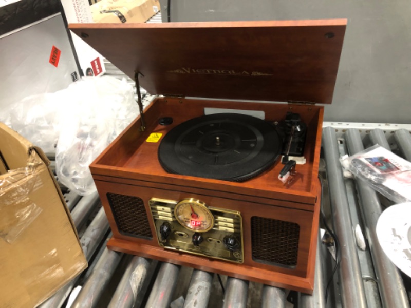 Photo 3 of NON FUNCTIONING POWER; DAMAGD UPPER CORNER**Victrola Nostalgic 6-in-1 Bluetooth Record Player & Multimedia Center with Built-in Speakers - 3-Speed Turntable, CD & Cassette Player, FM Radio | Wireless Music Streaming | Mahogany Mahogany Entertainment Cente