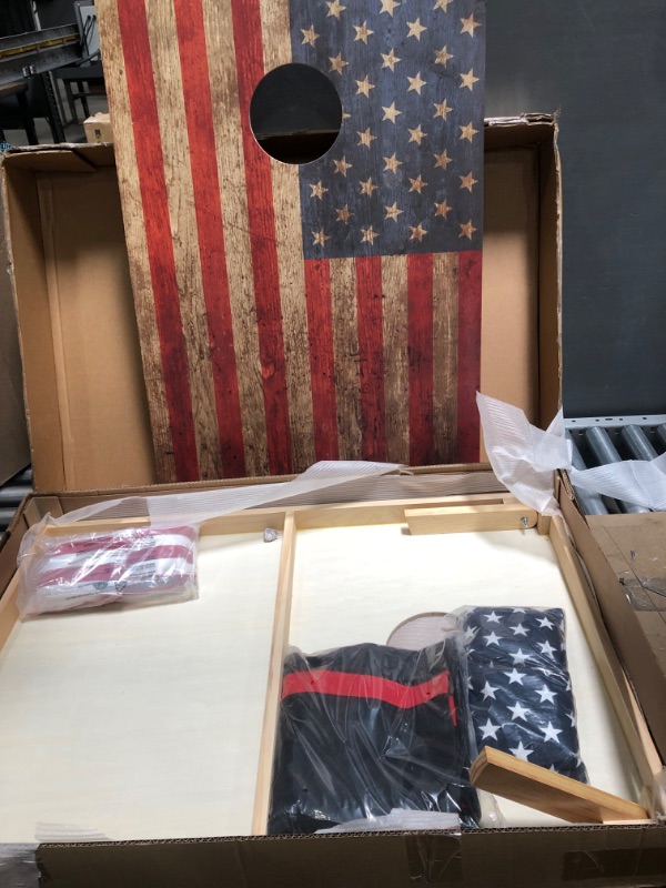 Photo 2 of Like New****Solid Wood Cornhole Set, 3'x 2'/ 4'x 2' Cornhole Boards Games Set, Corn Holes Outdoor Game, Corn Hole Game Set Regulation Size Includes 2 Boards, 8 Beans Bags & Case, Perfect for Backyard, Beach, Park Vintage flag 3x2