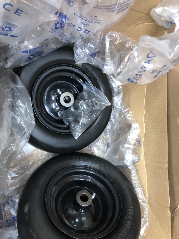 Photo 2 of 
1 Pair***Marathon 11x4.00-5" Flat Free Lawnmower Tire on Wheel, 5" Centered Hub, 3/4" Bushings
Size:11x4.00-5
Color:5" hub, 3/4" Bushings