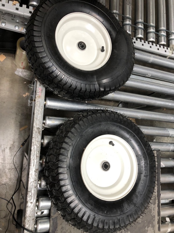 Photo 3 of (2-Pack) 16x6.50-8 Tubeless Tires on Rim - Universal Fit Riding Mower and Yard Tractor Wheels - With Chevron Turf Treads - 3” Offset Hub and 3/4” Bearings - 4 Ply with 615 lbs Max Weight Capacity 16x6.50-8 Tubeless White
