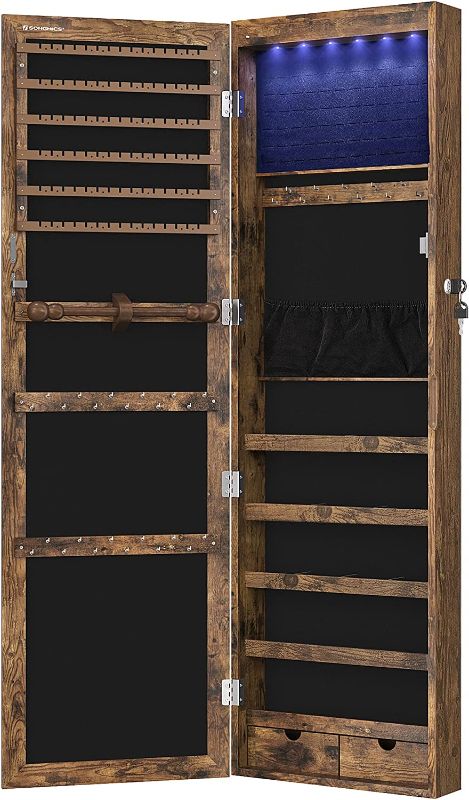 Photo 1 of 
Just Reference Photo**SONGMICS 6 LEDs Mirror Jewelry Cabinet, 47.2" H Lockable Wall/Door Mounted Jewelry Armoire Organizer with Mirror, 2 Drawers, Rustic Brown UJJC93CB
Color:Rustic brown