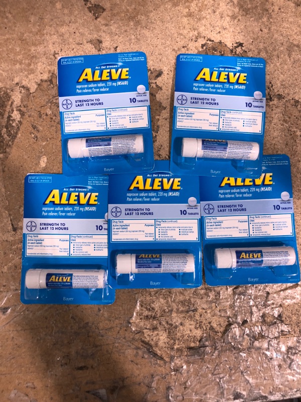 Photo 2 of Aleve Tablets with Naproxen Sodium 220mg NSAID Pain RelieverFever Reducer, 10 Count ***PACK OF 5***