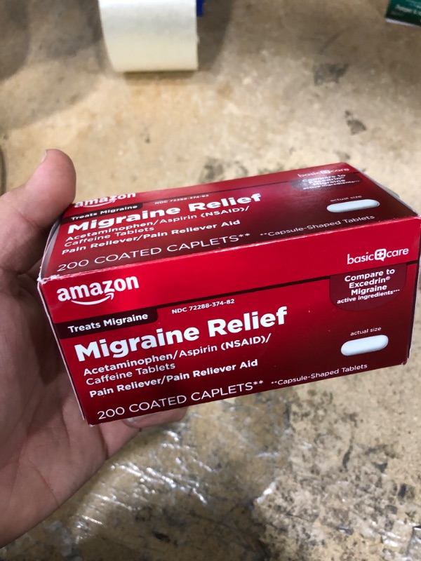 Photo 2 of Amazon Basic Care Migraine Relief, Acetaminophen, Aspirin (NSAID) and Caffeine Tablets, Migraine Headache Relief, Pain Reliever/Pain Reliever Aid, 200 Count SINGLE