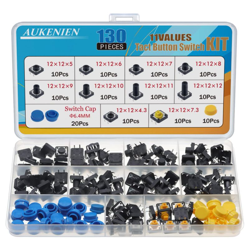 Photo 1 of 2pk- AUKENIEN 11 Values 130pcs Momentary Tactile Push Button Switch Assortment Kit 12MM x 12MM 4 Pin Micro Tact Buttons Circuit Switches and Pushbutton Cap 12X12 MM