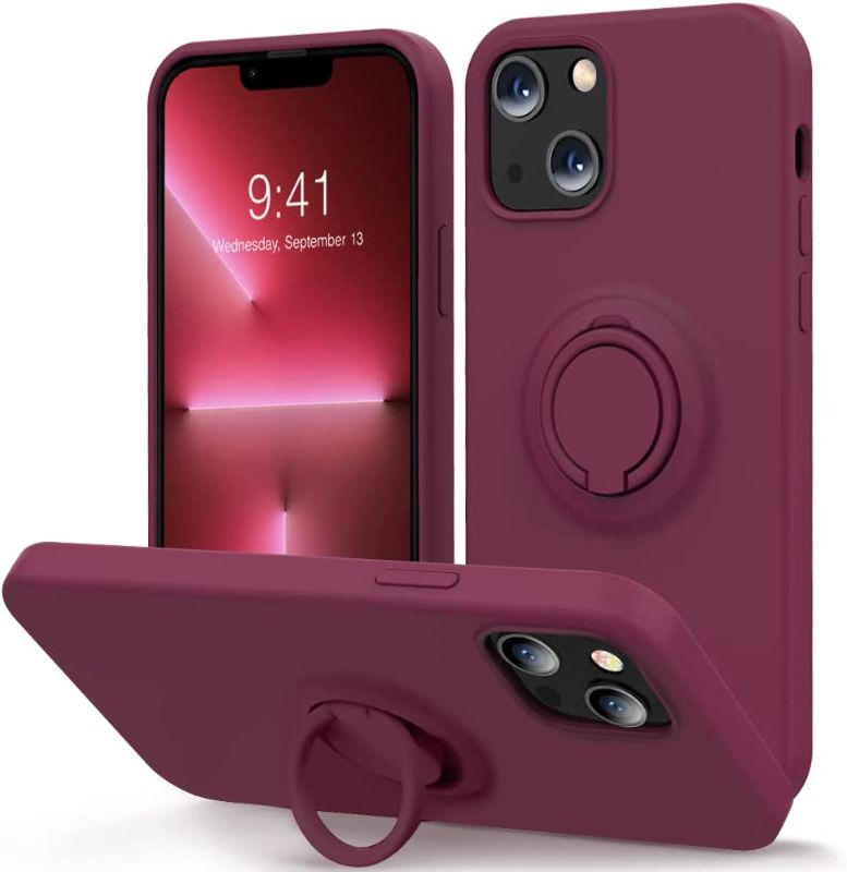 Photo 1 of 2pk- MOBOSI iPhone 13 Silicone Case with Ring Stand, [Enhanced Camera Protection] with Screen Protector, Soft Cotton Lining Full-Body Shockproof Protective Phone Case for iPhone 13 6.1 Inch, Burgundy