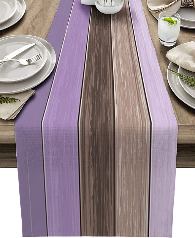 Photo 1 of *Stock Photo For Reference* Table Runner Retro Wooden Board Non-Slip Burlap Rectangle Table Cloth Setting Kitchen Decor for Holiday Dinner Parties Vintage Ombre Purple Brown Wood Grain Tablecloth Dresser Scarves, 13x90 inches
