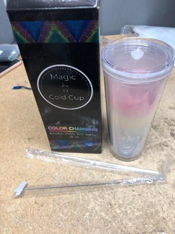 Photo 1 of 22oz Rainbow Color Changing Cup with Lid and Straw for Adults by Magic Cold Cup - BPA-FREE Reusable Double Wall Tumbler is Unbreakable & Leakproof with Resealable Lid Plug and Straw Cleaner
