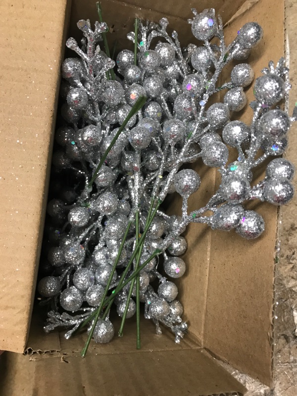 Photo 2 of **Silver**TURNMEON 25 Pack 8.3" Berry Stems Christm asdecorations, Artificial Christmas Picks Branches Sticks Twigs for Christmas Tree Filler Ornaments DIY Crafts Vase Holiday Home Xmas Decor Glitter silver 