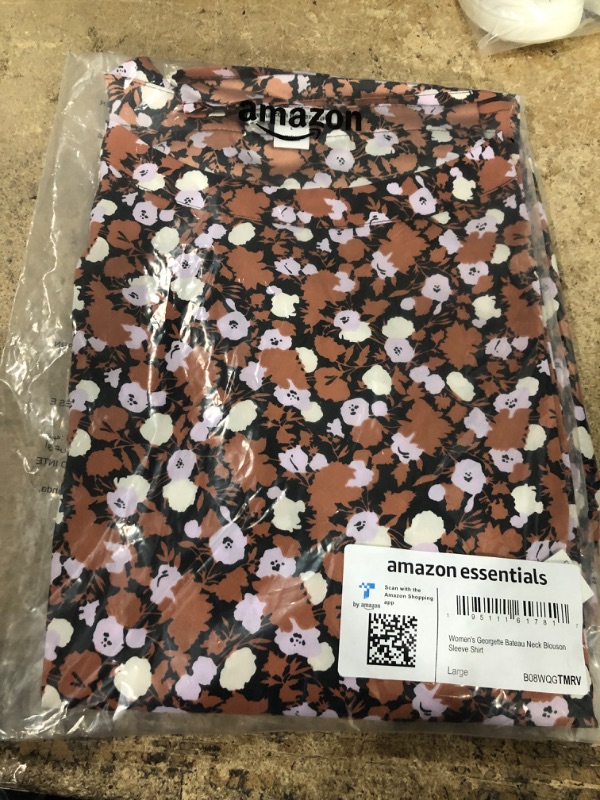 Photo 1 of Amazon Essentials Women's Georgette Bateau Neck Blouson Sleeve Shirt Large Black/Orange, Camo/Floral