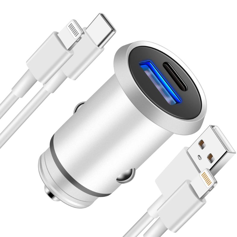 Photo 1 of iPhone Fast Car Charger [Apple MFi Certified], 38W Dual Port USB C Power Delivery Car Adapter with 2 Pack 3FT Lightning Cable, PD/QC 3.0 Type C Rapid Car Charging for iPhone 14 13 12 11, iPad, Airpods Silver