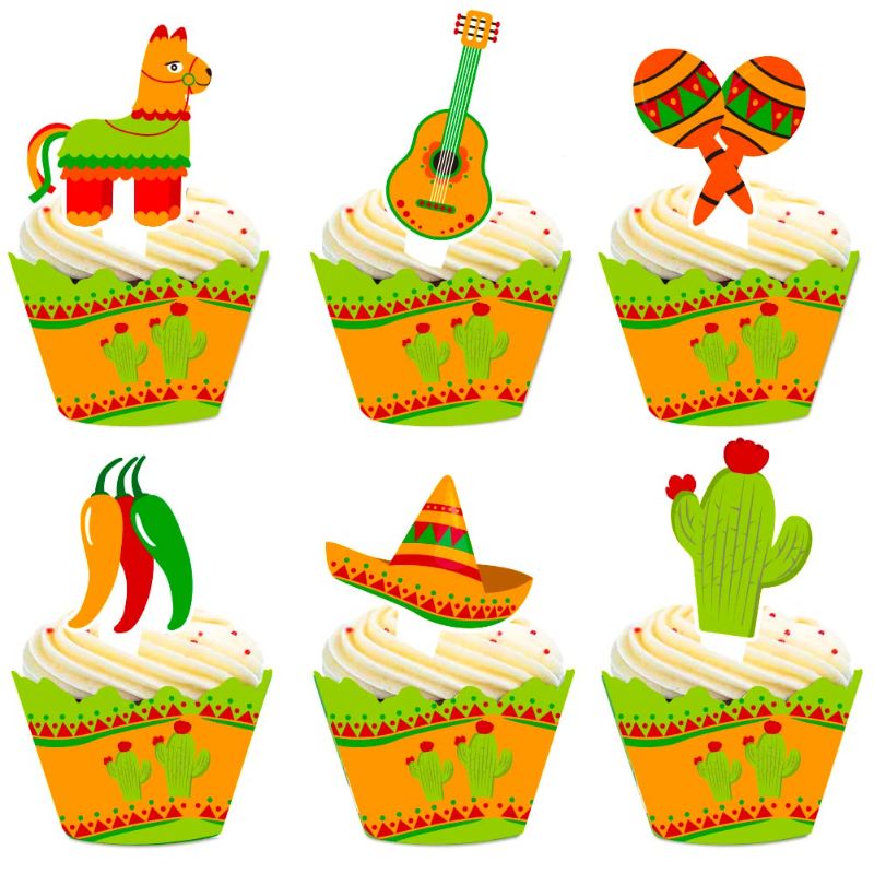 Photo 1 of (BUNDLE OF TWO) 24 PCS Mexican Fiesta Cupcake Toppers Mexican Cake Decoration Cupcake Picks for Mexican Themed Cinco de Mayo Fiesta Day of the Dead Party Decorations