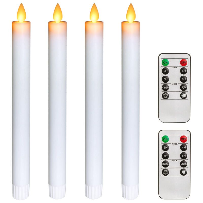 Photo 1 of (BATTERIES NOT INCLUDED) Homemory White Flameless Taper Candles WITH TWO REMOTES, 9.5 inches Real Wax Moving Wicks LED Candlesticks Battery Operated, 4 Pcs Flickering Window Candles with Dancing Flame for Wedding Fireplace