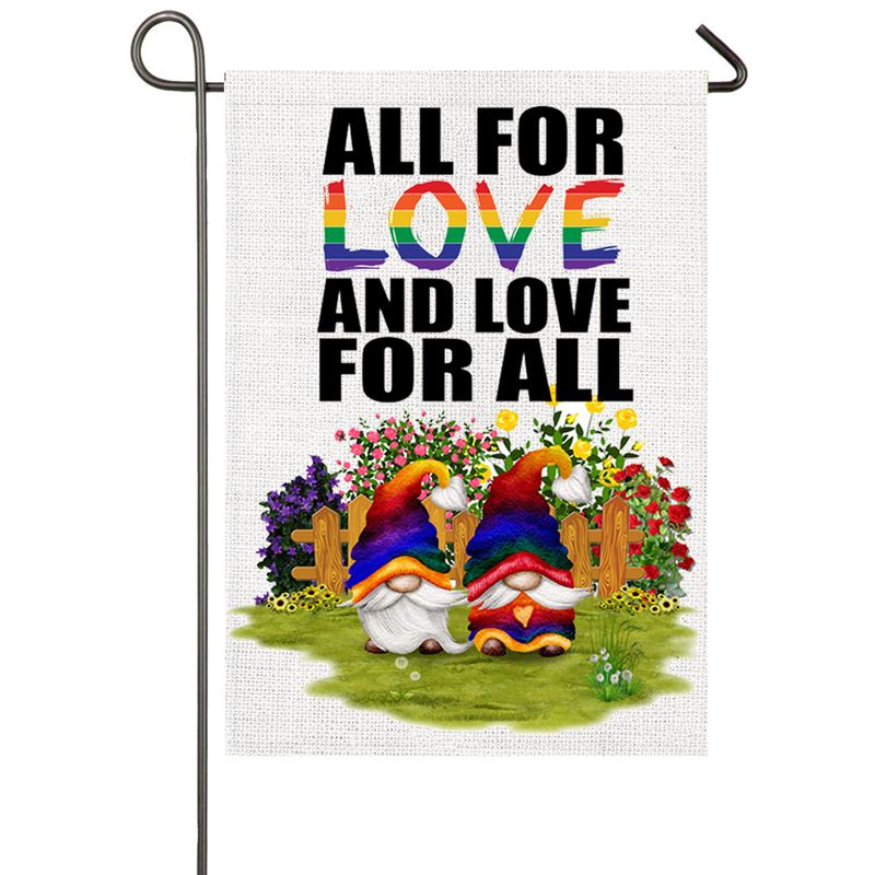 Photo 1 of (BUNDLE OF TWO) Pride Garden Flag 12x18 Double Sided All for Love and Love for All LGBTQ Support Lesbian Gay Bisexual Transgender Love Equal Rainbow Gnome Outside Yard Flag Outdoor House Garden Lawn Patio Decoration