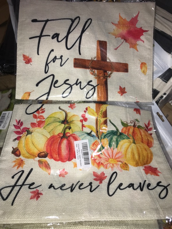 Photo 2 of (BUNDLE OF TWO) ricluck Fall Garden Flag 12 x 18 Inch Vertical Double Sided Fall for Jesus He Never Leaves Autumn Cross Pumpkin Flag for Outside Yard Flag Outdoor Decorations, Garden Size: 12 x 18''