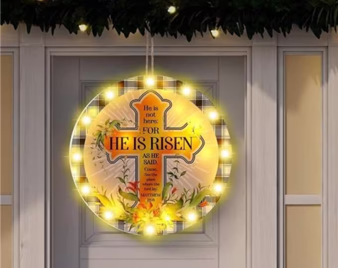 Photo 1 of Easter Door Sign He is Risen Window Lights Decorations Cross Religious Light Up Resurrection Christian Plaque Hanging Easter Welcome Sign Spring Wall Hanger for Door Home