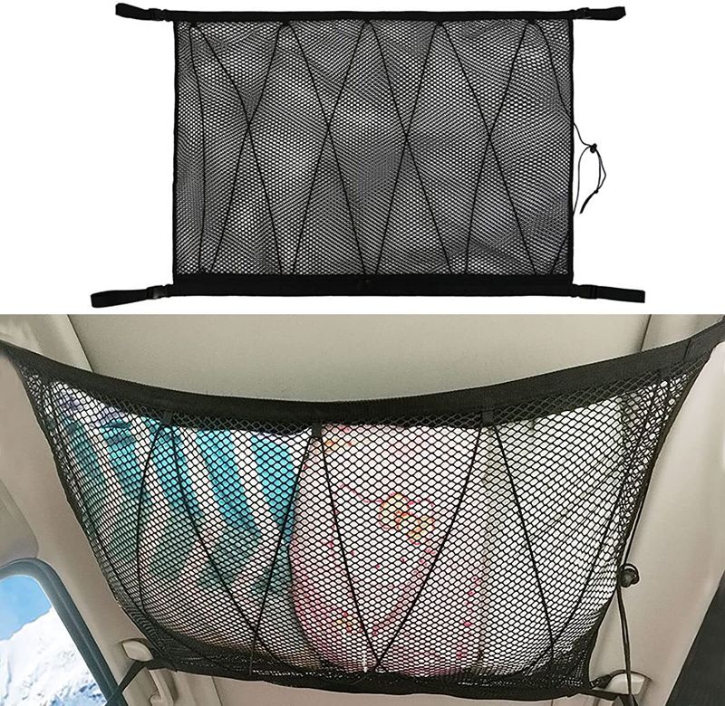 Photo 1 of 2 Pcs Car Ceiling Cargo Net Pocket and 2 pcs Stick on Car Storage Net Bag Double Layer SUV Roof Net Storage Bag Phone Car Mesh Net Holder Adjustable Long Trip Car Storage Pocket for Most Auto RV SUV