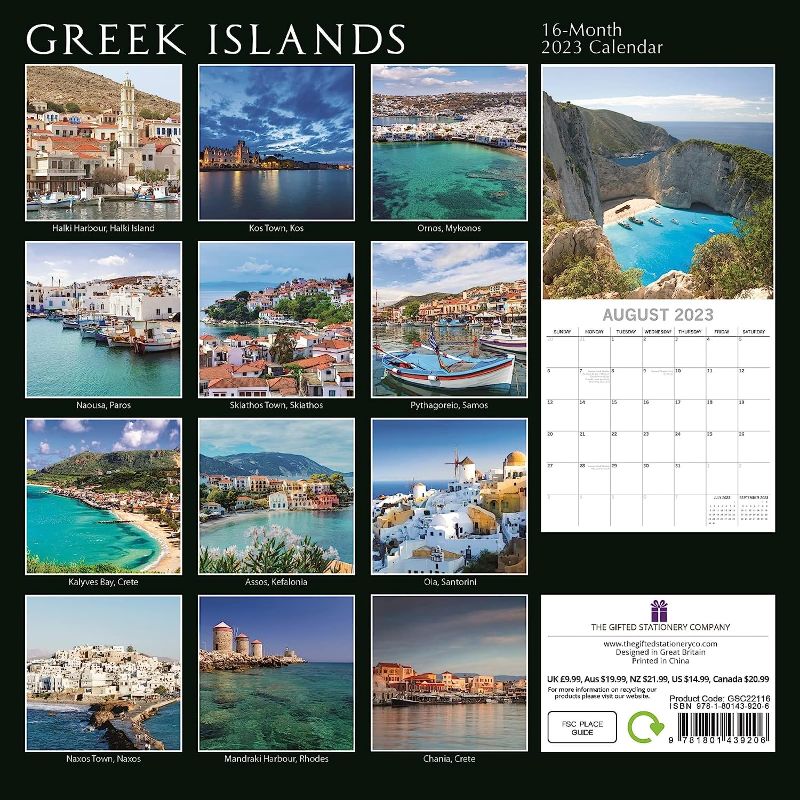 Photo 1 of 2023 Square Wall Calendar, Greek Islands, 16-Month Passport Collection Theme with 180 Reminder Stickers (12x12 In)
