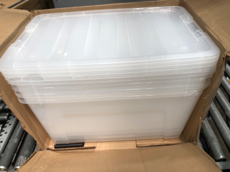 Photo 2 of ***Some of the containers have pieces broken off, see pictures.***
IRIS USA 72 Qt. Plastic Storage Bin Tote Organizing Container with Durable Lid and Secure Latching Buckles, Stackable and Nestable, 4 Pack, Crystal Clear 72 Qt. - 4 Pack, Crystal Clear