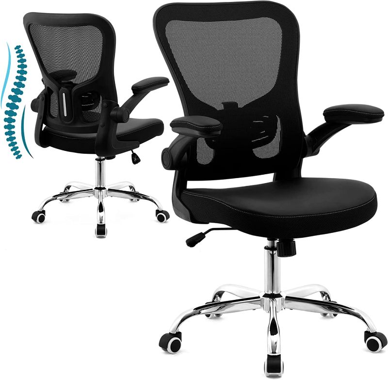 Photo 1 of X XISHE Office Chair,PU Cushion Ergonomic Desk Chair,Mesh Mid Back Height Computer Chair,Flip-up Armests Home Computer Chair,Adjustable Lumbar Support Task Chair with Soft Seat,Black
