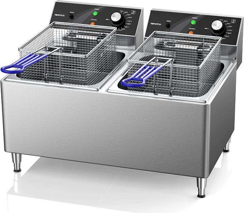 Photo 2 of TOPKITCH Deep fryer Commercial Deep Fryer 12L x 2 Dual Tank Electric Deep Fryers with Basket Electric Countertop Fryer for Restaurant with 2 Frying Baskets and Lids, 3300W x 2, 240V, 6-15 Phase Plugs