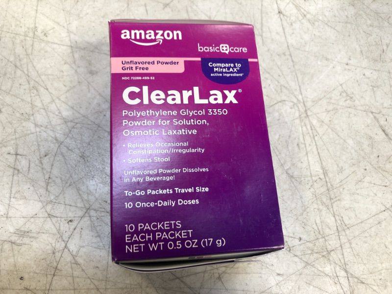 Photo 3 of Amazon Basic Care ClearLax, Polyethylene Glycol 3350 Powder for Solution, Osmotic Laxative, 0.5 Ounce each, 10 Count (Pack of 1)