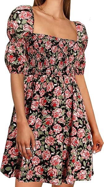 Photo 1 of EXLURA Womens Summer Casual Long Puff Sleeve V-Neck Mini Dress Smocked Ruffle Sweetheart Neckline A-line Flowy Dresses, SIZE L 