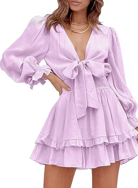 Photo 1 of  Womens Fall Summer Dress Deep V Neck Ruffles Floral Print Long Sleeve Tie Strap Mini Dresses, SIZE 2XL 