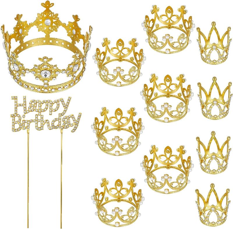 Photo 1 of 12 Pcs 4 Styles Crown Cake Toppers Golden Mini Baby Crown Tiny Tiara Queen Crown for Women Lady Girl Boy Birthday Party