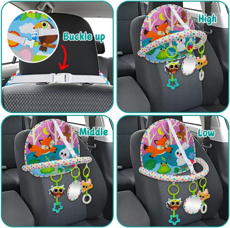 Photo 2 of Car Seat Toy Rear Facing Car Seat Toy Baby Travel Toy Double-Sided with Baby Mirror Plush Toys Rattle Teether Thickened Pad Adjustable Sensory Toy for Newborn Baby Infant