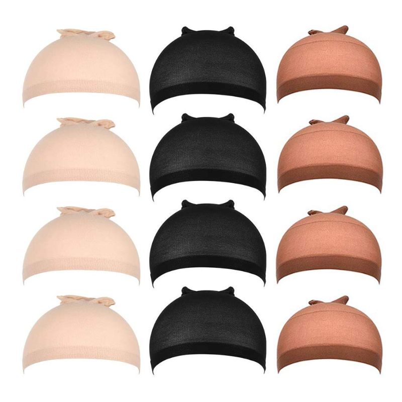 Photo 1 of 12 Pack Stretchy Nylon Close End Wig Caps, Breathable Stocking Nylon Wig Caps for Women and Men (Beige+Black+ Brown), 3 COUNT 