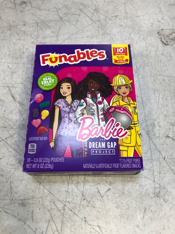 Photo 2 of Funables Fruit Snacks, Barbie Shaped Fruit Flavored School Snacks, Pack of 10 0.8 ounce Pouches Barbie 10 Count (Pack of 1) BB-03/2024----