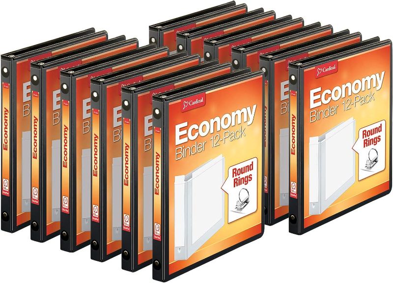 Photo 1 of Cardinal Economy 3-Ring Binders, 1/2" Round Rings, Holds 125 Sheets, ClearVue Presentation View, Non-Stick, Black, Carton of 12 (90602)
