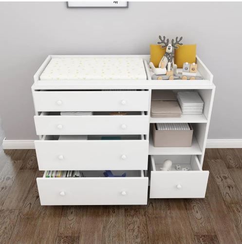 Photo 1 of 5-Drawers White Wood Dresser Vanity Table Chest of Drawers Storage Cabinet with Shelf 36.1 in. H x 47.2 W x 19.7 D
