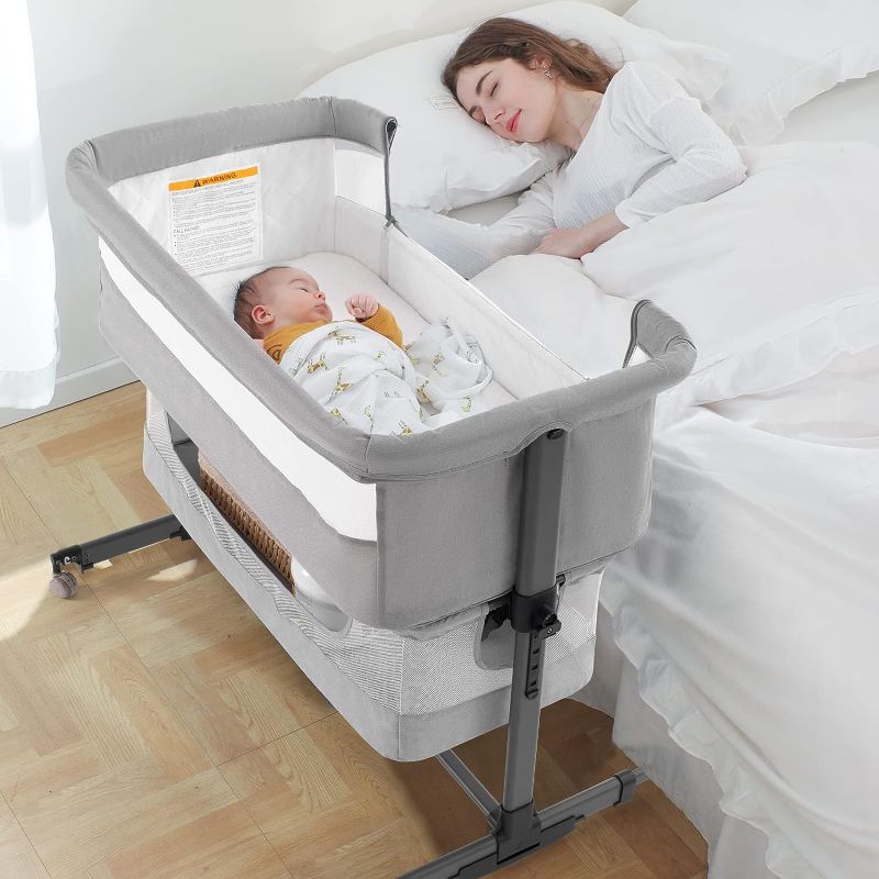 Photo 1 of Baby Bassinet Bedside Sleeper, 3 in 1 Convertible Design, lnfant Bed & Bed Side Sleeper & Cradle Bassinets, Newborn Bedside Crib Attaches to Bed, Light Grey