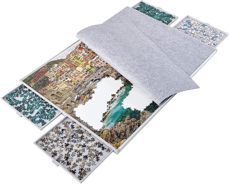 Photo 1 of 2000 Piece Non-Wood Jigsaw Puzzle Board with Drawers and Felt Fabric Cover Mat, Portable Puzzle Table for Adults, Puzzle Tray, Super Large Size: 40×30 Inch Work Surface, Lightweight Design, Gray
