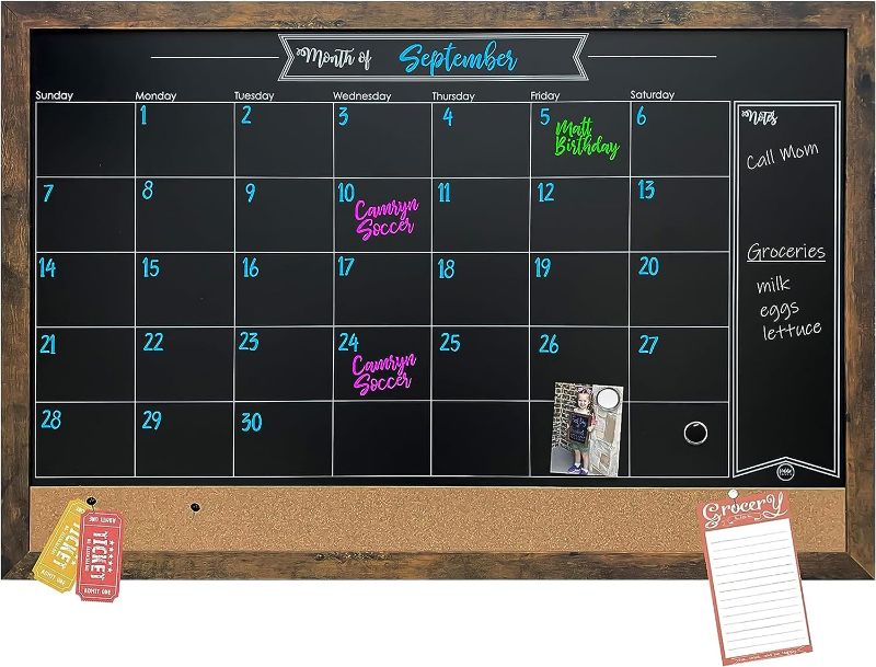 Photo 1 of Loddie Doddie Rustic Framed Magnetic Chalkboard Calendar and Bulletin Combo Board. Blackboard - Calendar - Cork Board. OrganizeYour Space

