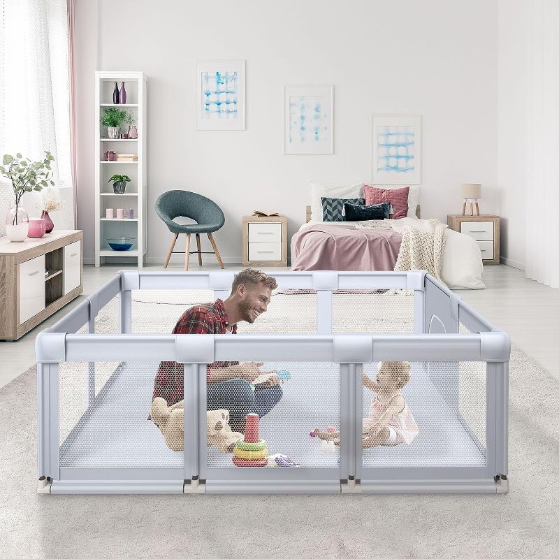 Photo 1 of Baby Playard, Playpen for Babies and Toddlers with Gate, 74"x50" Large Baby Fence, Sturdy Safety Playpen, Indoor & Outdoor Kids Activity Center (Gray)
