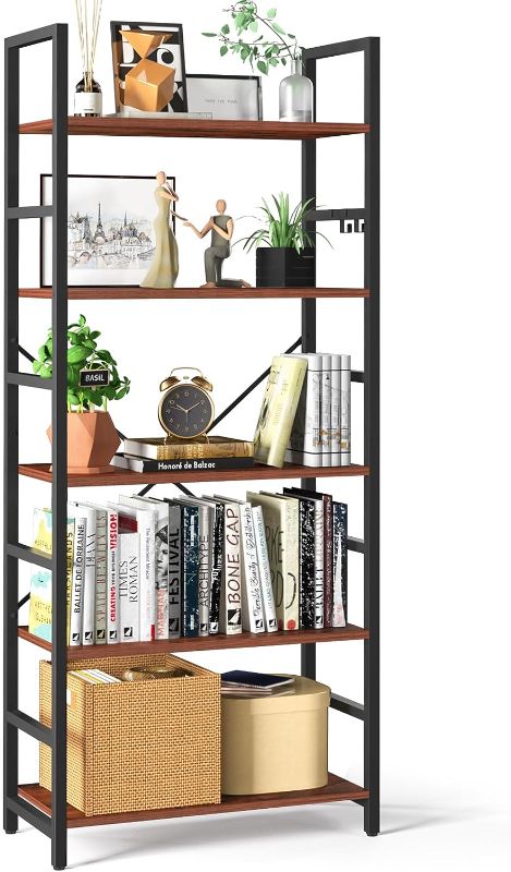 Photo 1 of Yoobure 5 Tier Bookshelf - Tall Book Shelf Modern Bookcase for CDs/Movies/Books, Rustic Book Case Industrial Bookshelves Book Storage Organizer for Bedroom Home Office Living Room Brown
