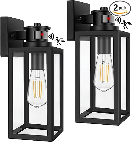 Photo 1 of 2-Pack Motion Sensor Outdoor Lights, Upgrade Dusk to Dawn Wall Mount Light Fixtures, Motion Sensor Wall Lights for Outside House Porch Garage, Exterior Black Wall Lanterns Sconce with Clear Glass
