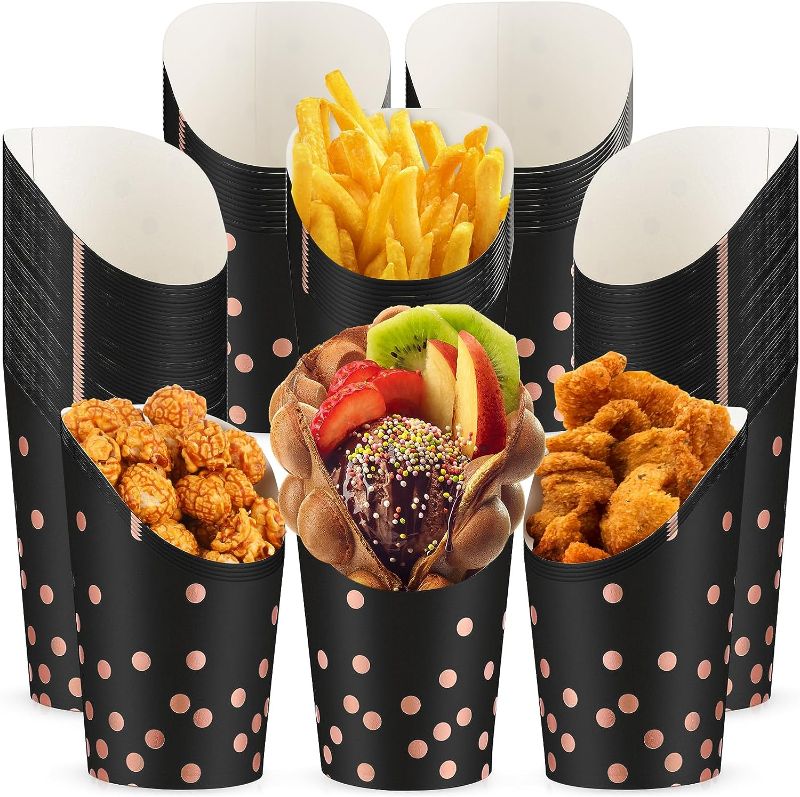 Photo 1 of 100 Pcs French Fry Holder Rose Gold Polka Dots Disposable Party French Fries Cups 14oz Food Charcuterie Cones French Fry Container Paper Waffle Snack Popcorn Box for Wedding Birthday (Black Base)
