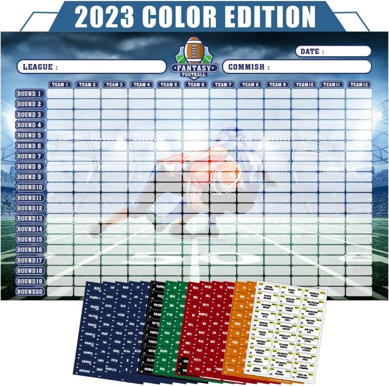 Photo 1 of Catzvpu 2023 Fantasy Football Draft Board - Fantasy Football Draft Board for The 2023-2024 Season Kit,12 Teams 20 Rounds & 450 Label Stickers
