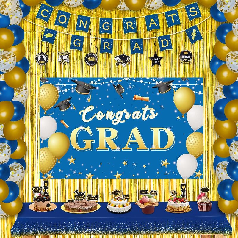 Photo 1 of 2023 Graduation Party Decorations Party Supplies Includes Congrats Grad Banner, Balloons, Backdrop, Hanging Swirls, Foil Curtains, Cupcake Toppers, Tablecloth for Graduation Party Supplies
