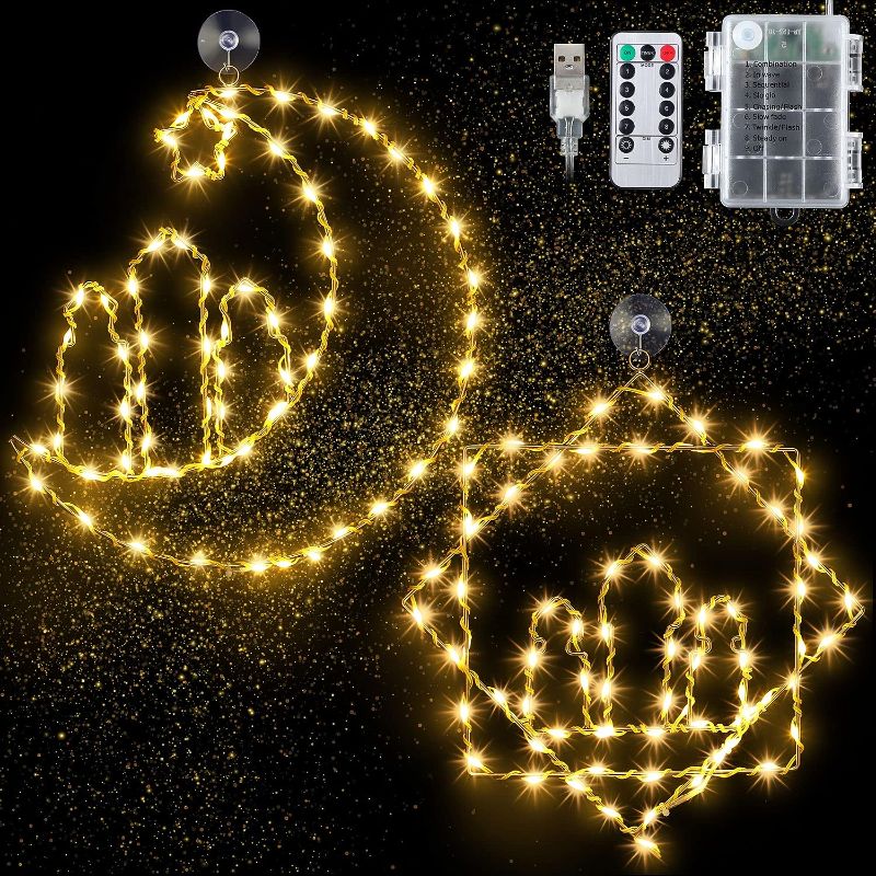 Photo 1 of 2 Pcs Ramadan Mubarak Decorations Window Light, 8 Modes Warm White Eid Mubarak Silhouette Light Powered by Battery and USB, Islamic Muslim Decor for Window Door Wall (Star Moon and Rub El Hizb)
